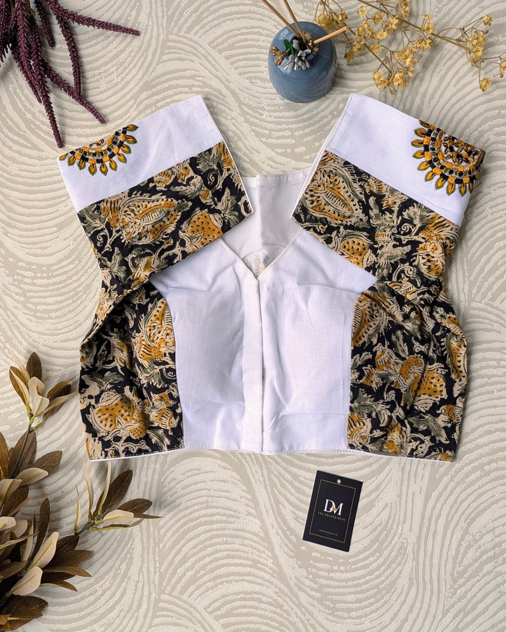 White Kalamkari Cotton Blouse with Embroidery - Readymade Saree Blouse