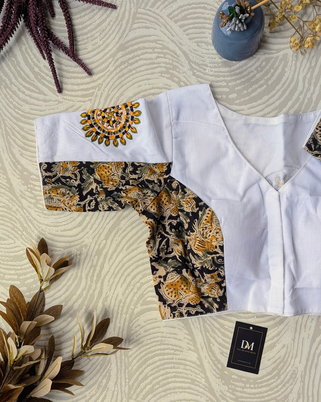 White Kalamkari Cotton Blouse with Embroidery - Readymade Saree Blouse