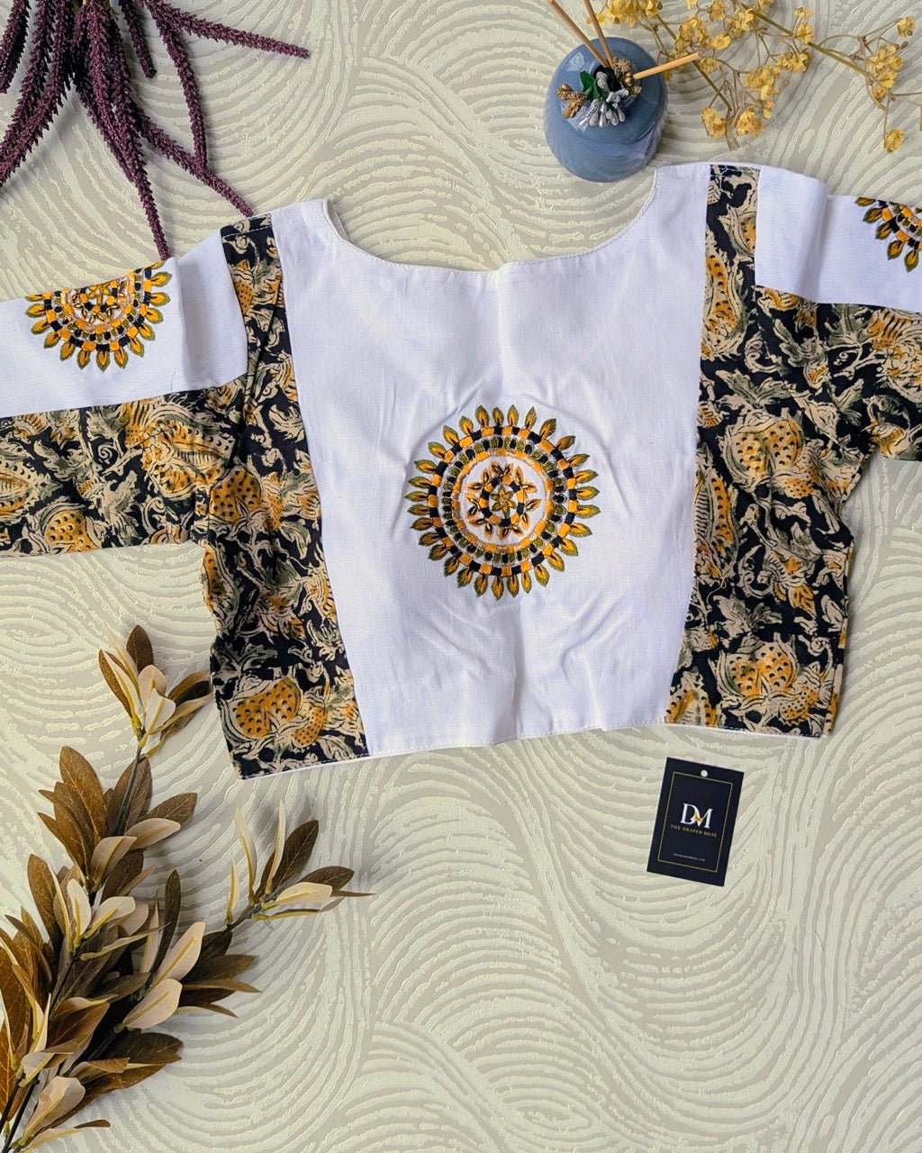 White Kalamkari Cotton Blouse with Embroidery - Readymade Saree Blouse
