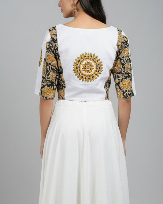 White Kalamkari Cotton Blouse with Embroidery - Readymade Saree Blouse