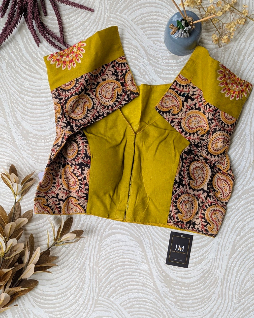 Mustard Yellow Kalamkari Cotton Blouse with Embroidery - Readymade Saree Blouse