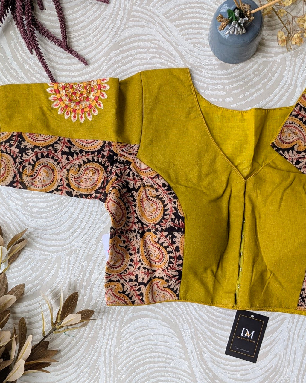 Mustard Yellow Kalamkari Cotton Blouse with Embroidery - Readymade Saree Blouse