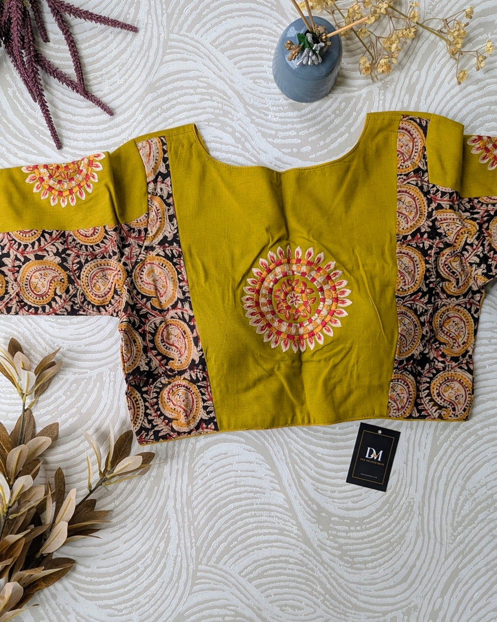Mustard Yellow Kalamkari Cotton Blouse with Embroidery - Readymade Saree Blouse
