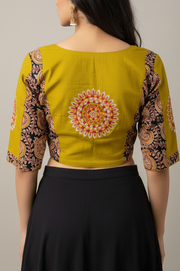 Mustard Yellow Kalamkari Cotton Blouse with Embroidery - Readymade Saree Blouse