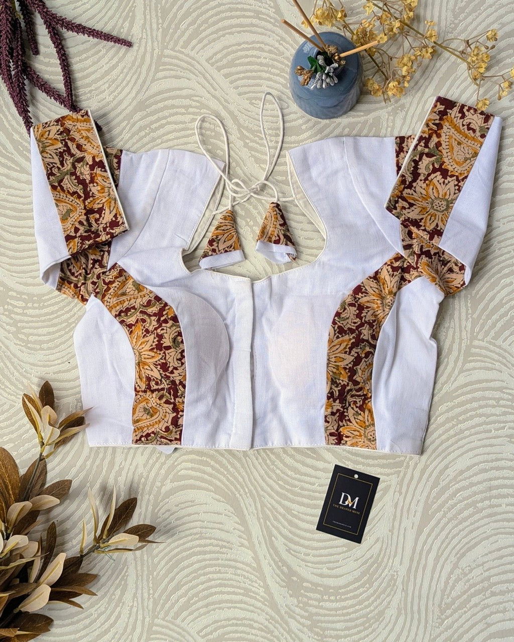 White Kalamkari Cotton Blouse - Readymade Saree Blouse