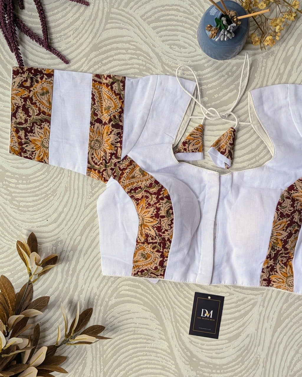 White Kalamkari Cotton Blouse - Readymade Saree Blouse