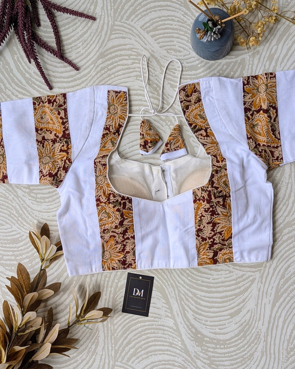White Kalamkari Cotton Blouse - Readymade Saree Blouse
