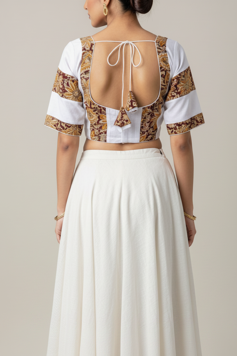 White Kalamkari Cotton Blouse - Readymade Saree Blouse
