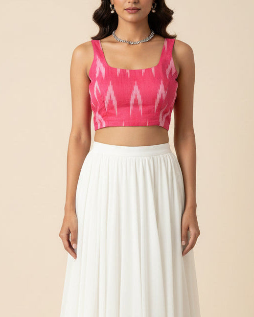 Pink Sleeveless Ikkat Cotton Blouse - Readymade Saree Blouse