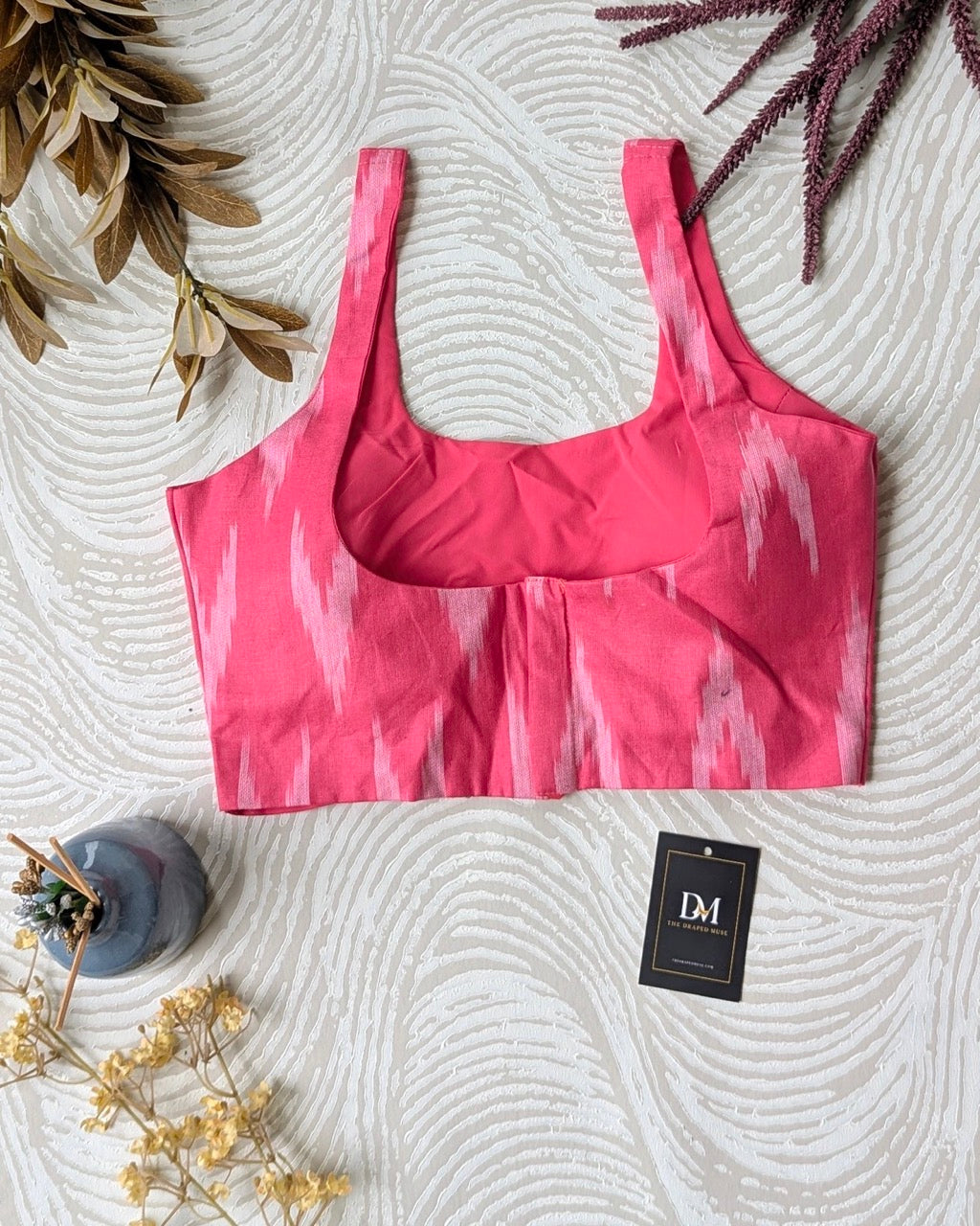 Pink Sleeveless Ikkat Cotton Blouse - Readymade Saree Blouse