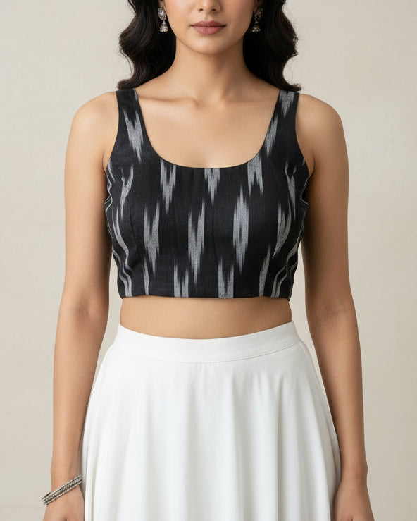 Black Sleeveless Ikkat Cotton Blouse - Readymade Saree Blouse
