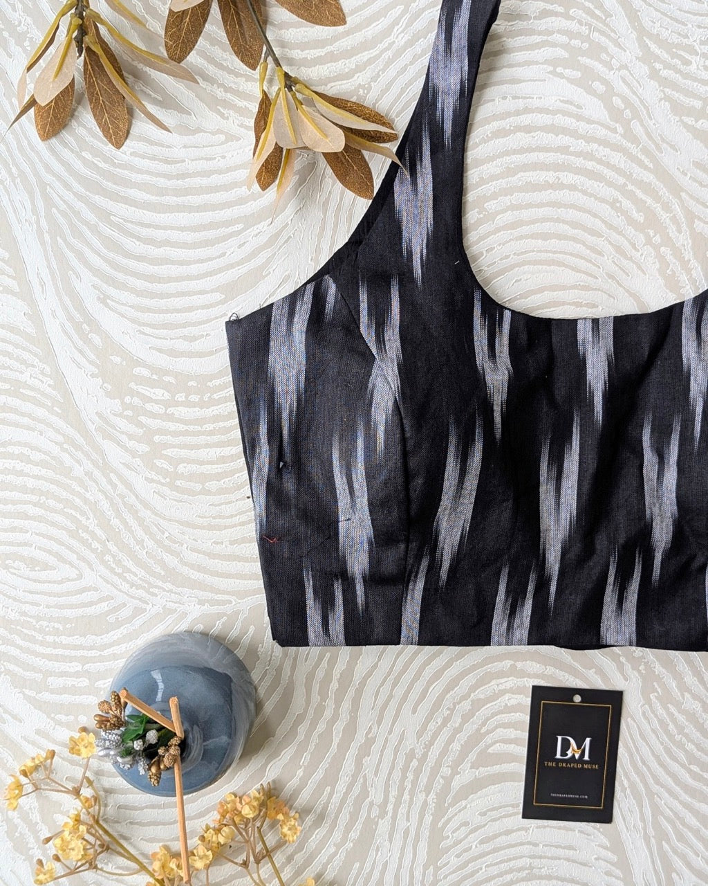 Black Sleeveless Ikkat Cotton Blouse - Readymade Saree Blouse
