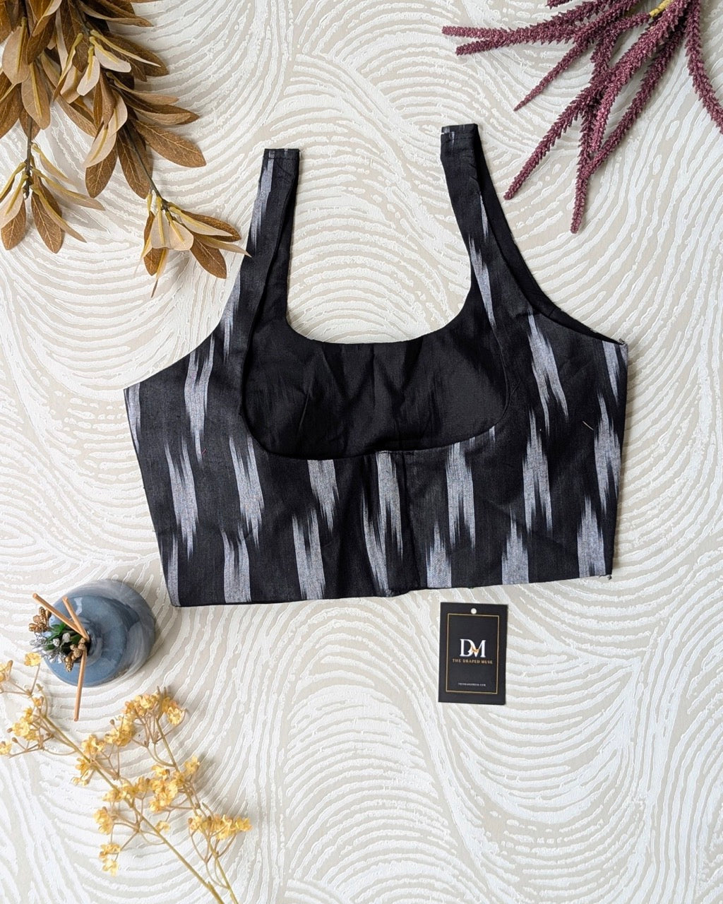 Black Sleeveless Ikkat Cotton Blouse - Readymade Saree Blouse