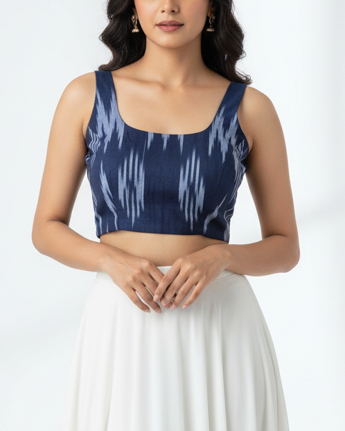 Blue Sleeveless Ikkat Cotton Blouse - Readymade Saree Blouse