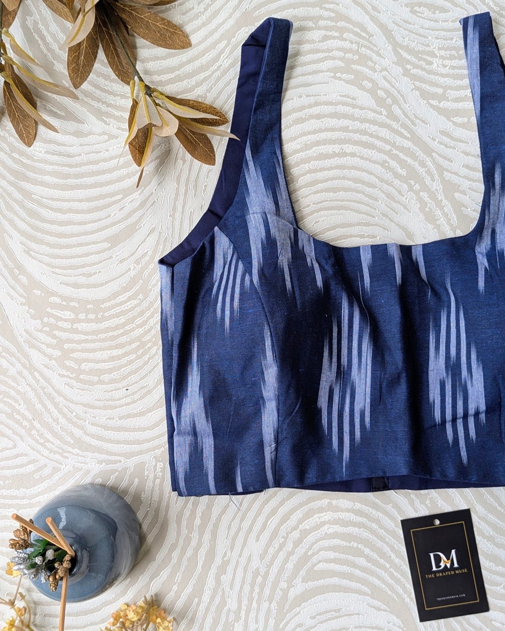 Blue Sleeveless Ikkat Cotton Blouse - Readymade Saree Blouse