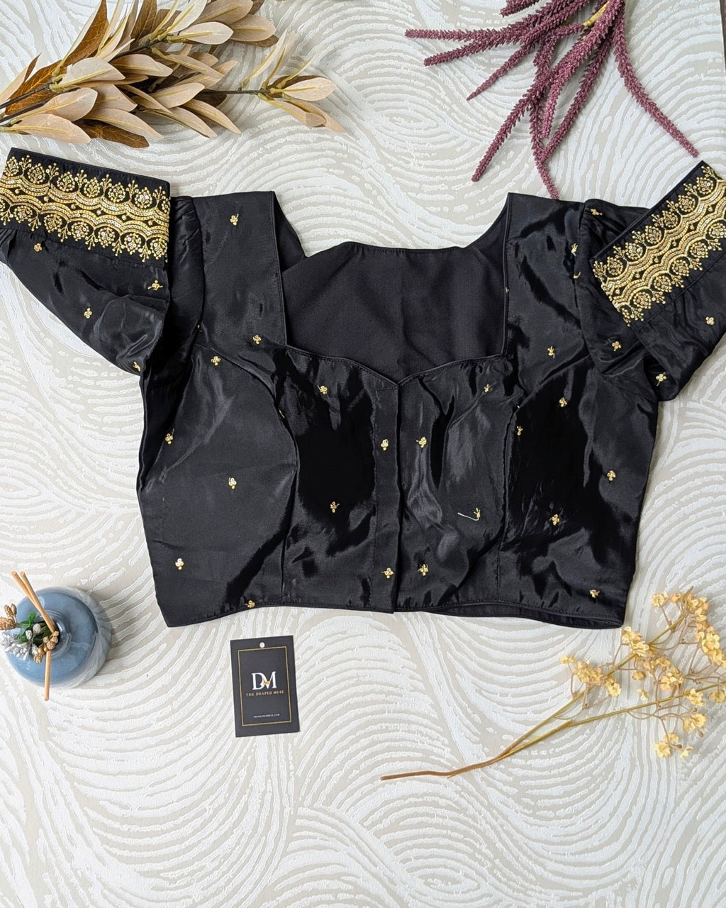 Black with Gold Embroidery Work Blouse - Readymade Saree Blouse