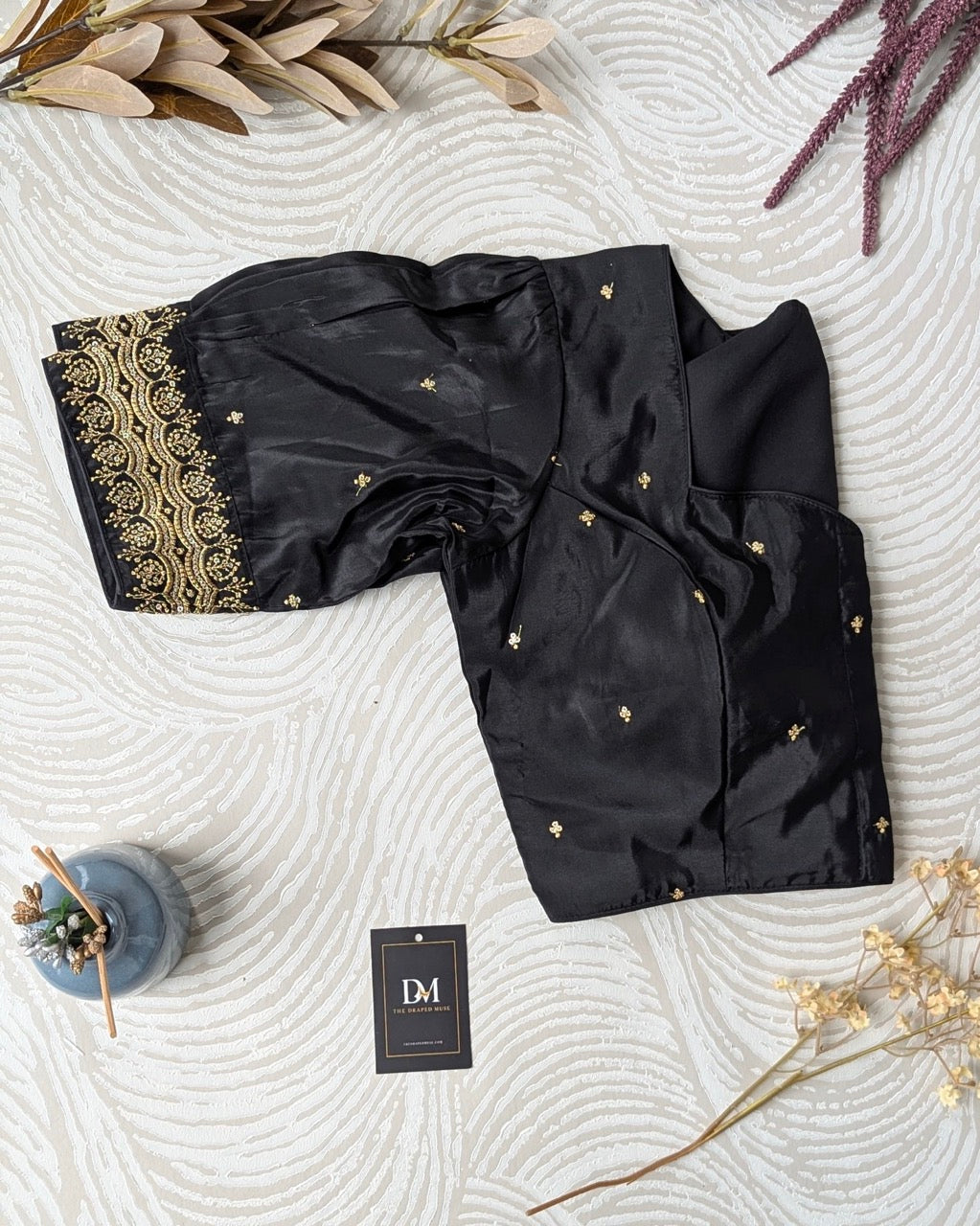 Black with Gold Embroidery Work Blouse - Readymade Saree Blouse