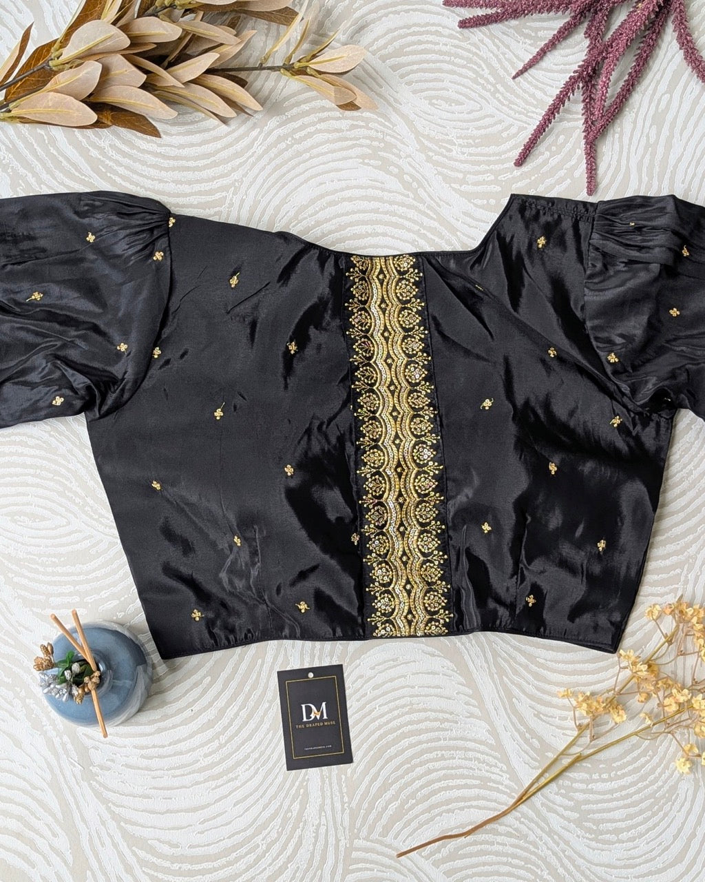 Black with Gold Embroidery Work Blouse - Readymade Saree Blouse