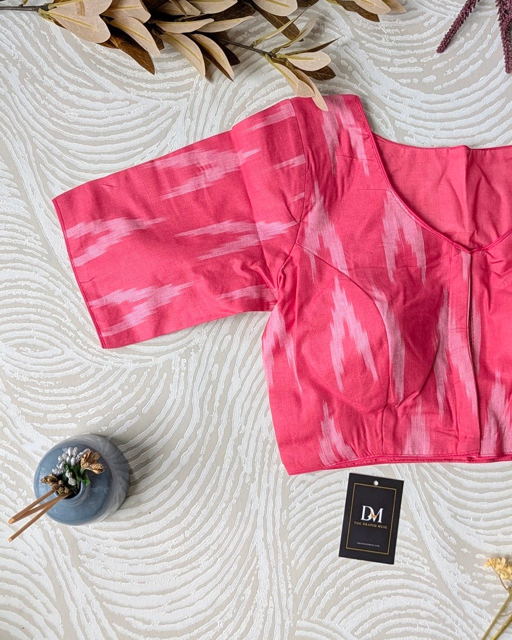 Pink Ikkat Cotton Blouse - Readymade Saree Blouse