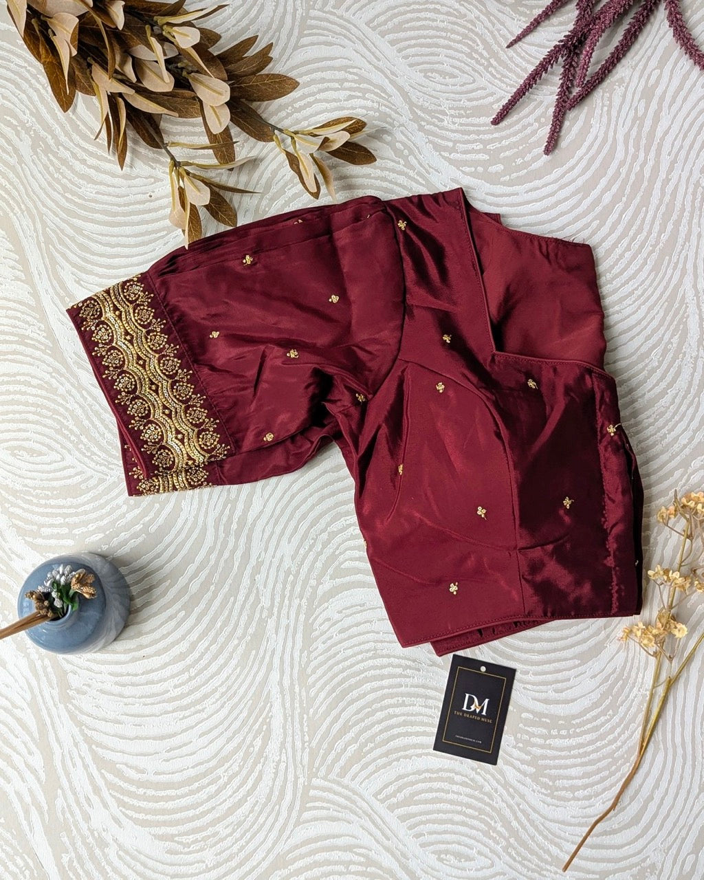 Maroon with Gold Embroidery Work Blouse - Readymade Saree Blouse