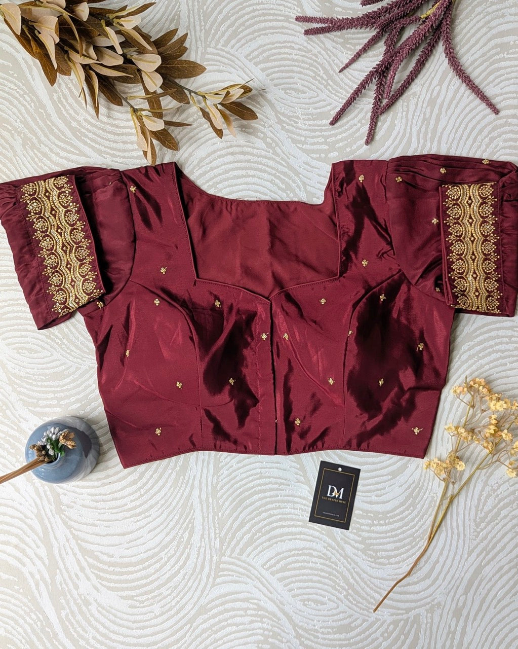 Maroon with Gold Embroidery Work Blouse - Readymade Saree Blouse