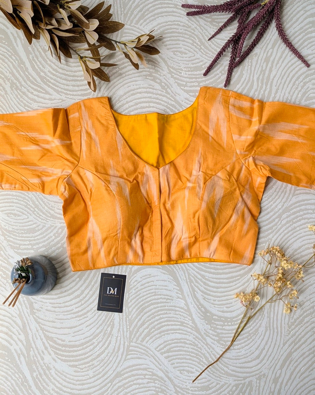 Yellow Ikkat Cotton Blouse - Readymade Saree Blouse