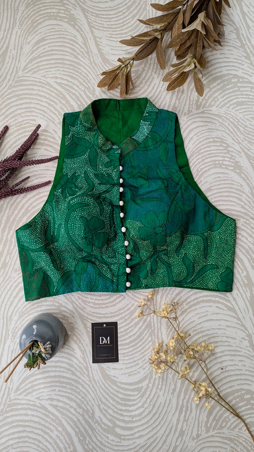 Green Kantha work Embroidered Cotton Blouse