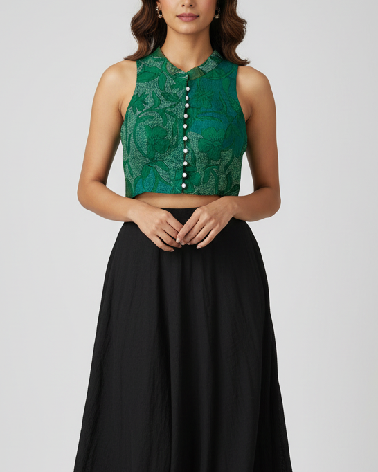 Green Kantha work Embroidered Cotton Blouse
