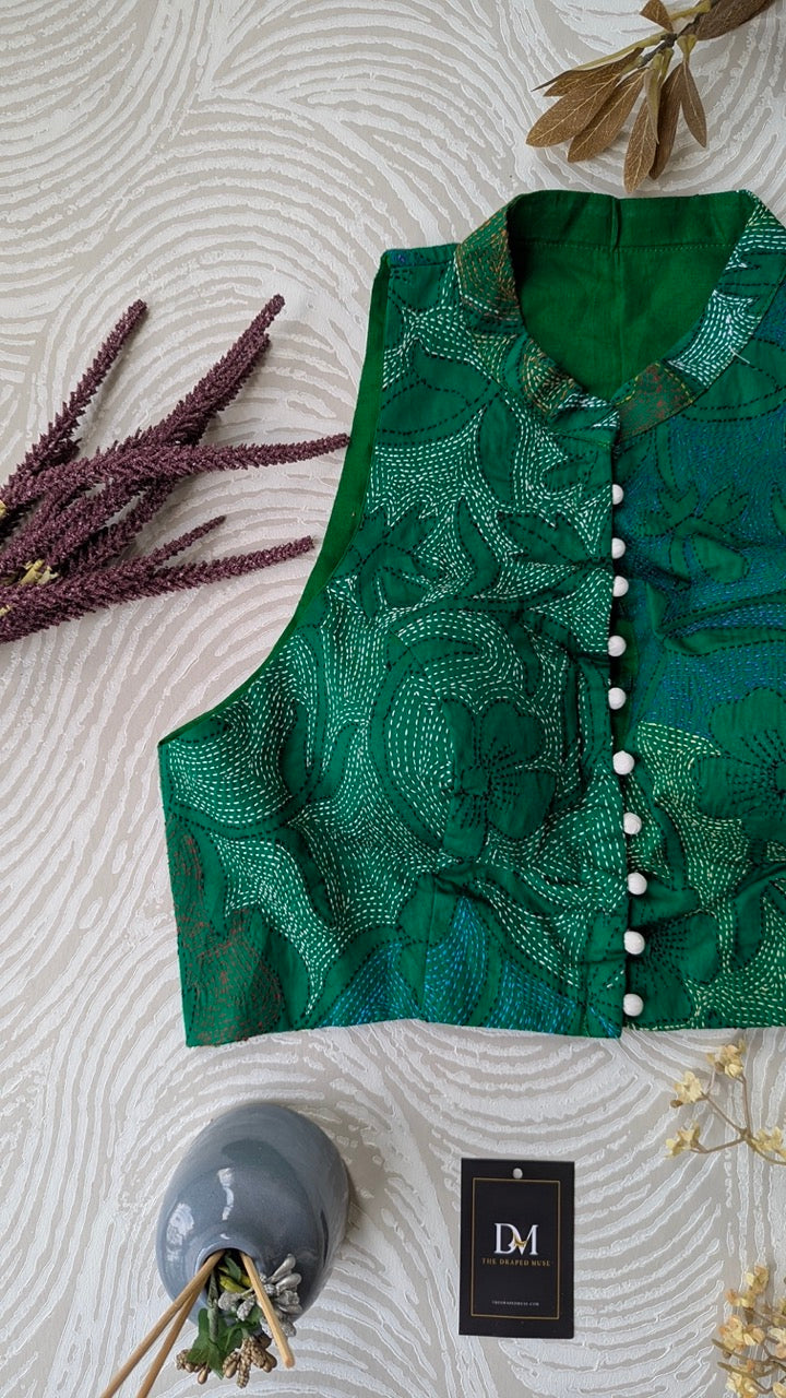 Green Kantha work Embroidered Cotton Blouse