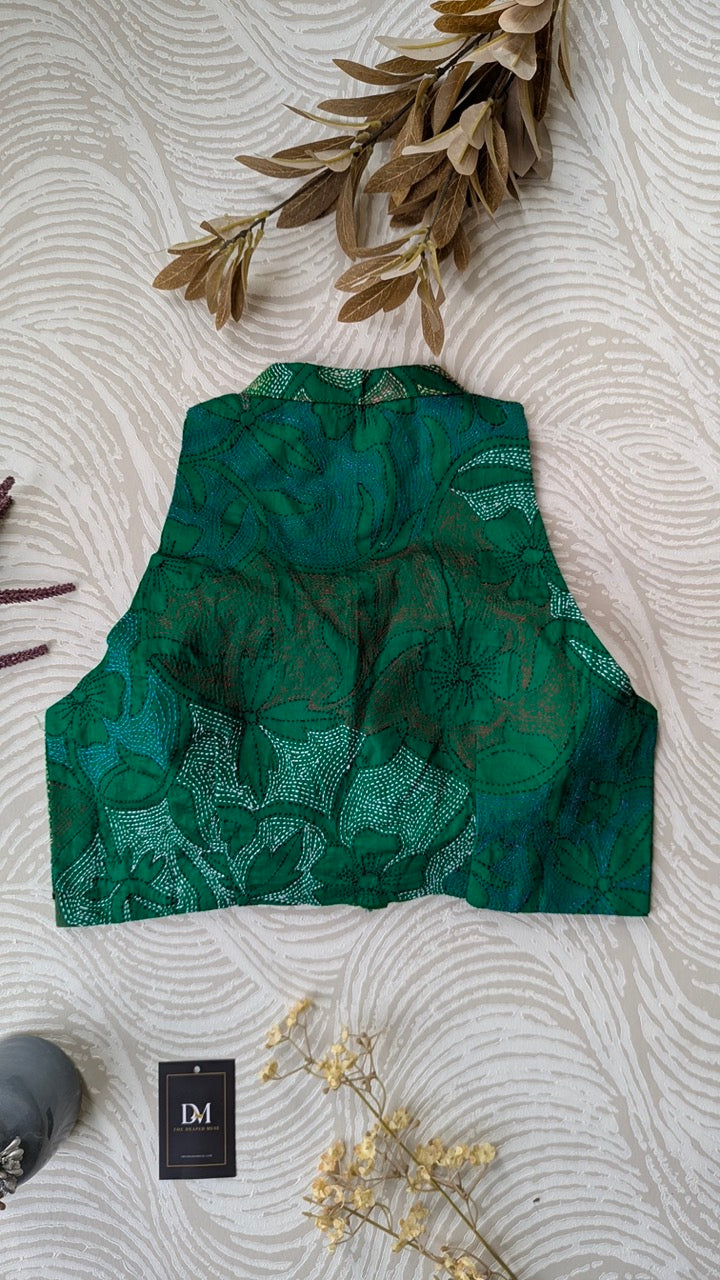 Green Kantha work Embroidered Cotton Blouse