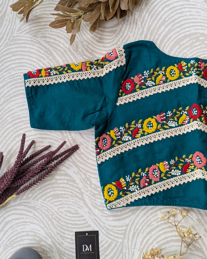Green Cotton Embroidered Blouse