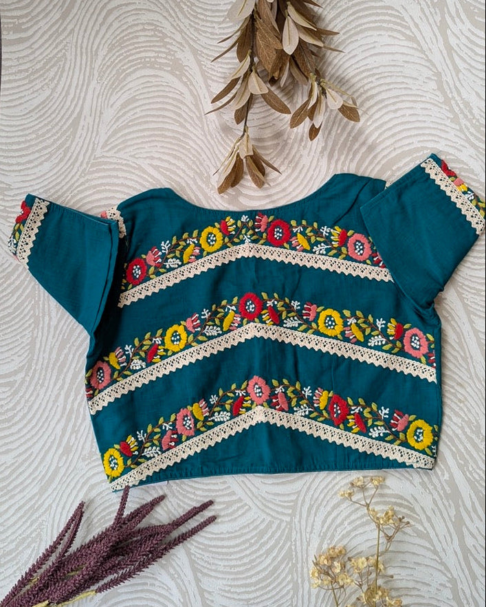 Green Cotton Embroidered Blouse