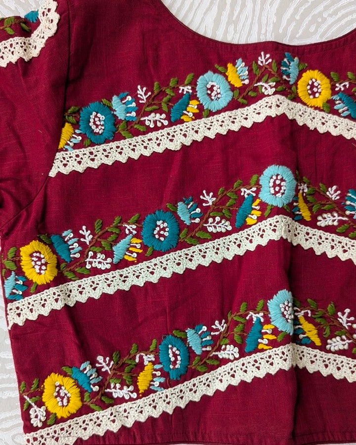 Red Cotton Embroidered Blouse