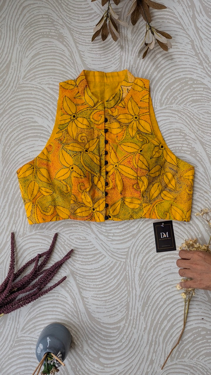 Yellow Kantha work Embroidered Cotton Blouse