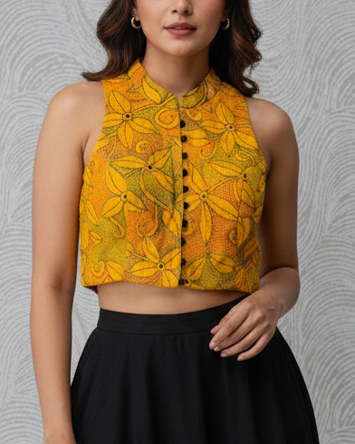 Yellow Kantha work Embroidered Cotton Blouse