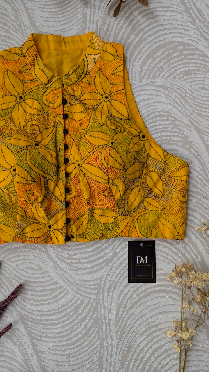 Yellow Kantha work Embroidered Cotton Blouse