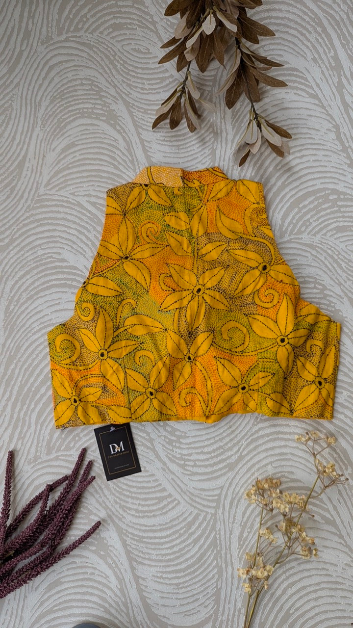 Yellow Kantha work Embroidered Cotton Blouse