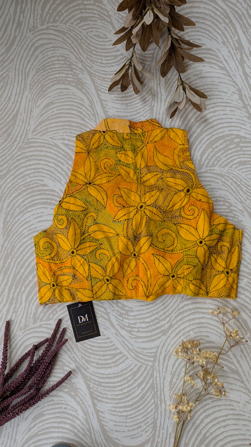 Yellow Kantha work Embroidered Cotton Blouse