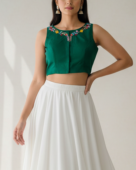 Green Embroidered Racer Back Blouse