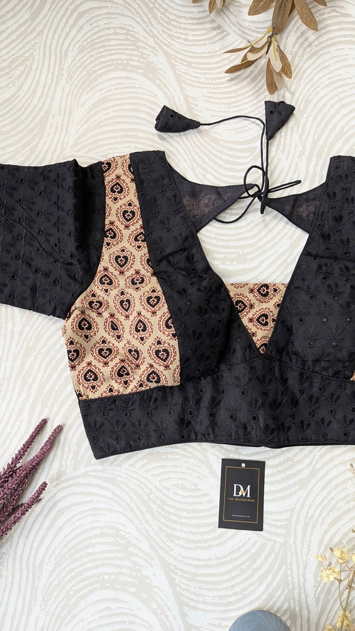 Black & Beige Hakoba Blouse for Office and Casual Wear