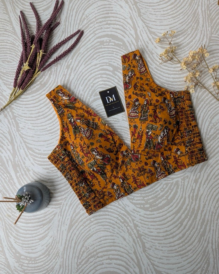 Mustard Printed Sleeveless Cotton Stretchable Blouse