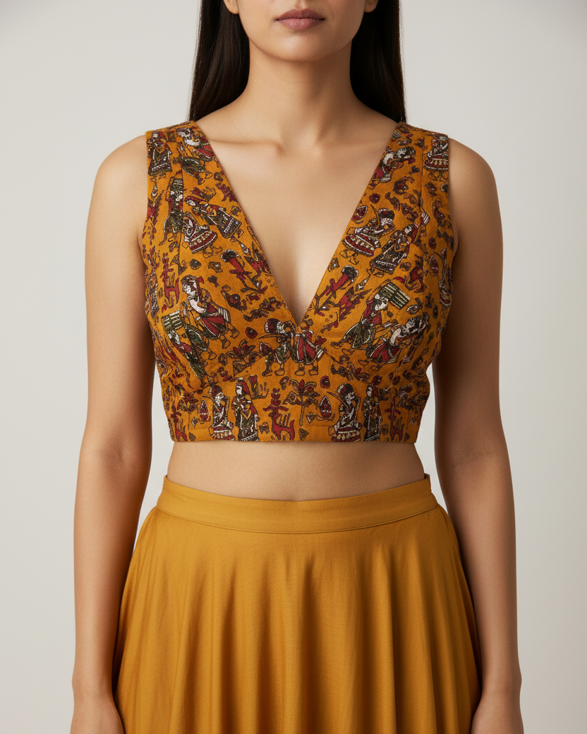 Mustard Printed Sleeveless Cotton Stretchable Blouse