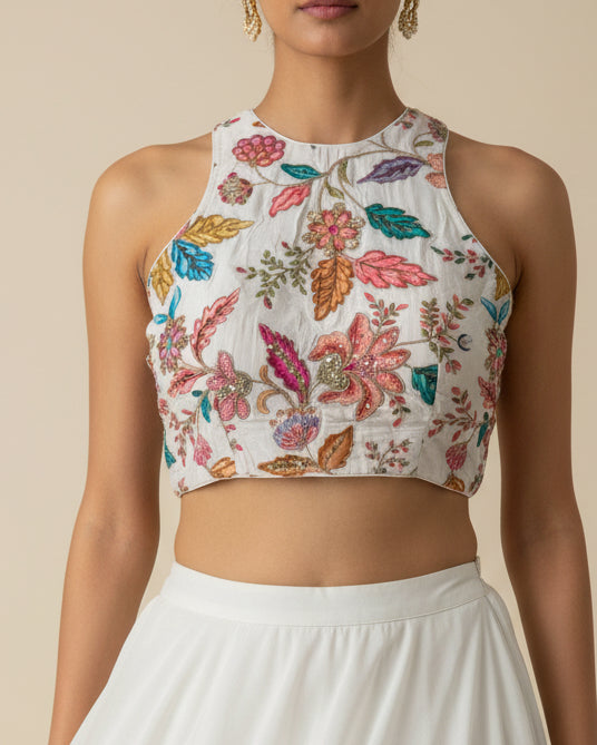 White Floral Back Stretchable Blouse