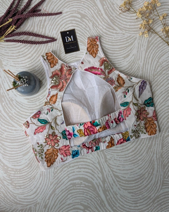 White Floral Back Stretchable Blouse
