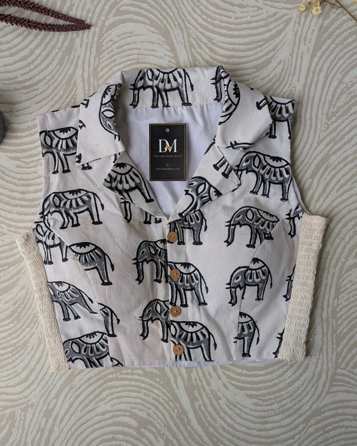 White Elephant-Print Cotton Collared Stretchable Blouse