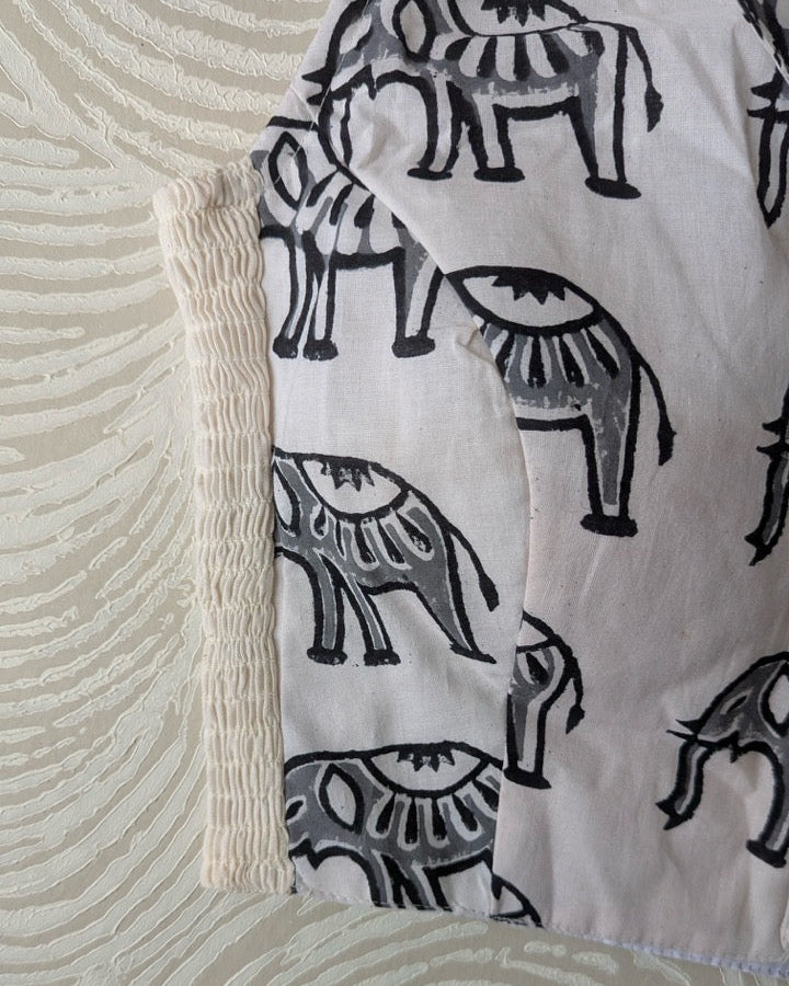 White Elephant-Print Cotton Collared Stretchable Blouse