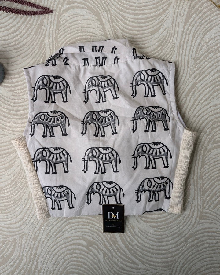 White Elephant-Print Cotton Collared Stretchable Blouse