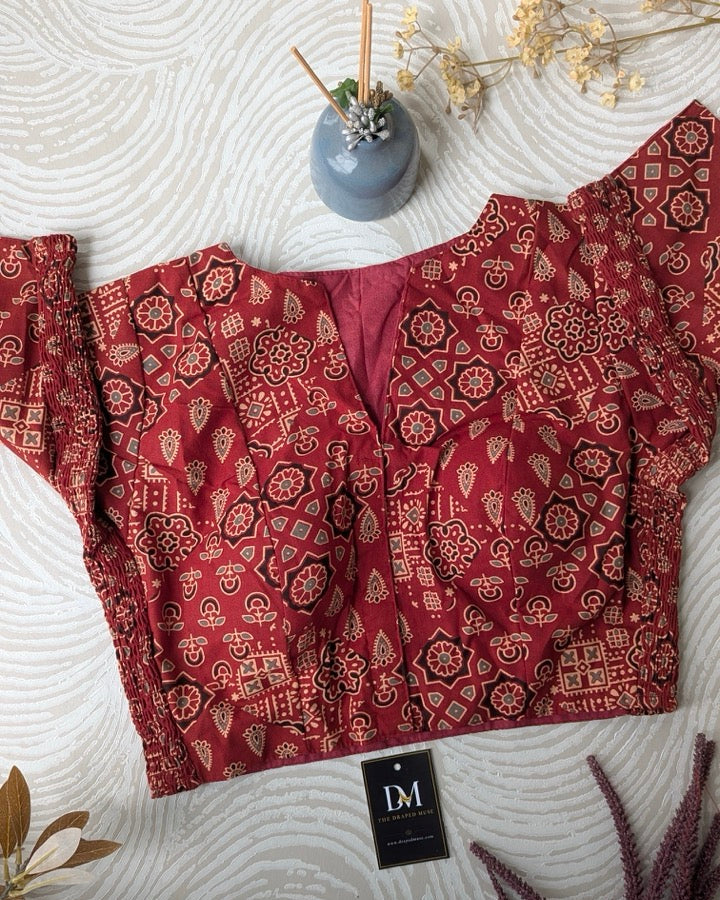Red Ajrakh Cotton Stretchable Blouse