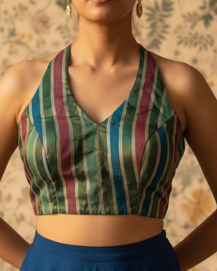 Green Banarasi Halter Blouse