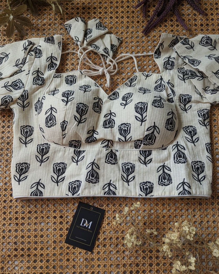 Off White Lotus Print Madhubala Cotton Blouse